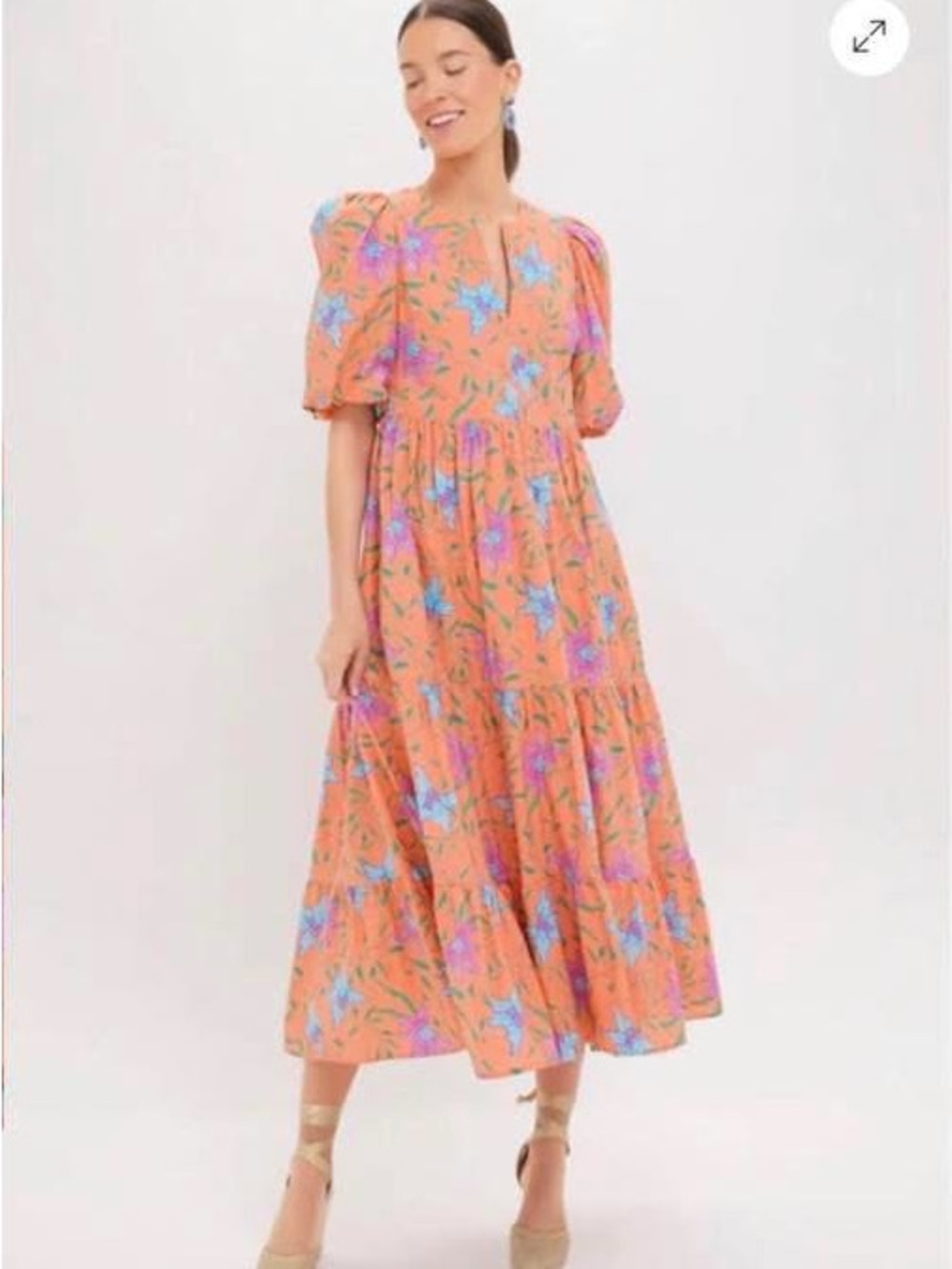 Tuckernuck Coral Floral Puff-Sleeve Tiered Midi Dress